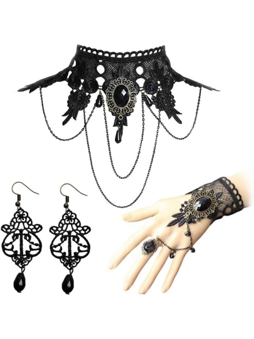 Women's Black Gothic Halloween Hand Chain Ring Bracelet Choker Witch Necklace